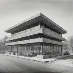 Black and white painting depicting a distant perspective of a 700-square meter rectangular waffle restaurant, illustrating its front view.