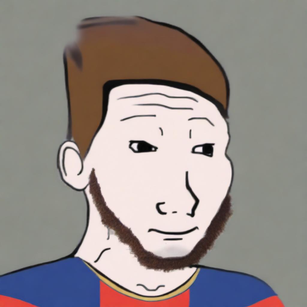 A high-quality digital art of a Wojak character resembling Lionel Messi, featuring his distinctive hairstyle and football jersey, against a simple background