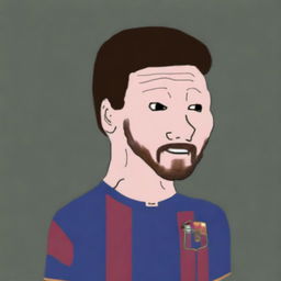 A high-quality digital art of a Wojak character resembling Lionel Messi, featuring his distinctive hairstyle and football jersey, against a simple background