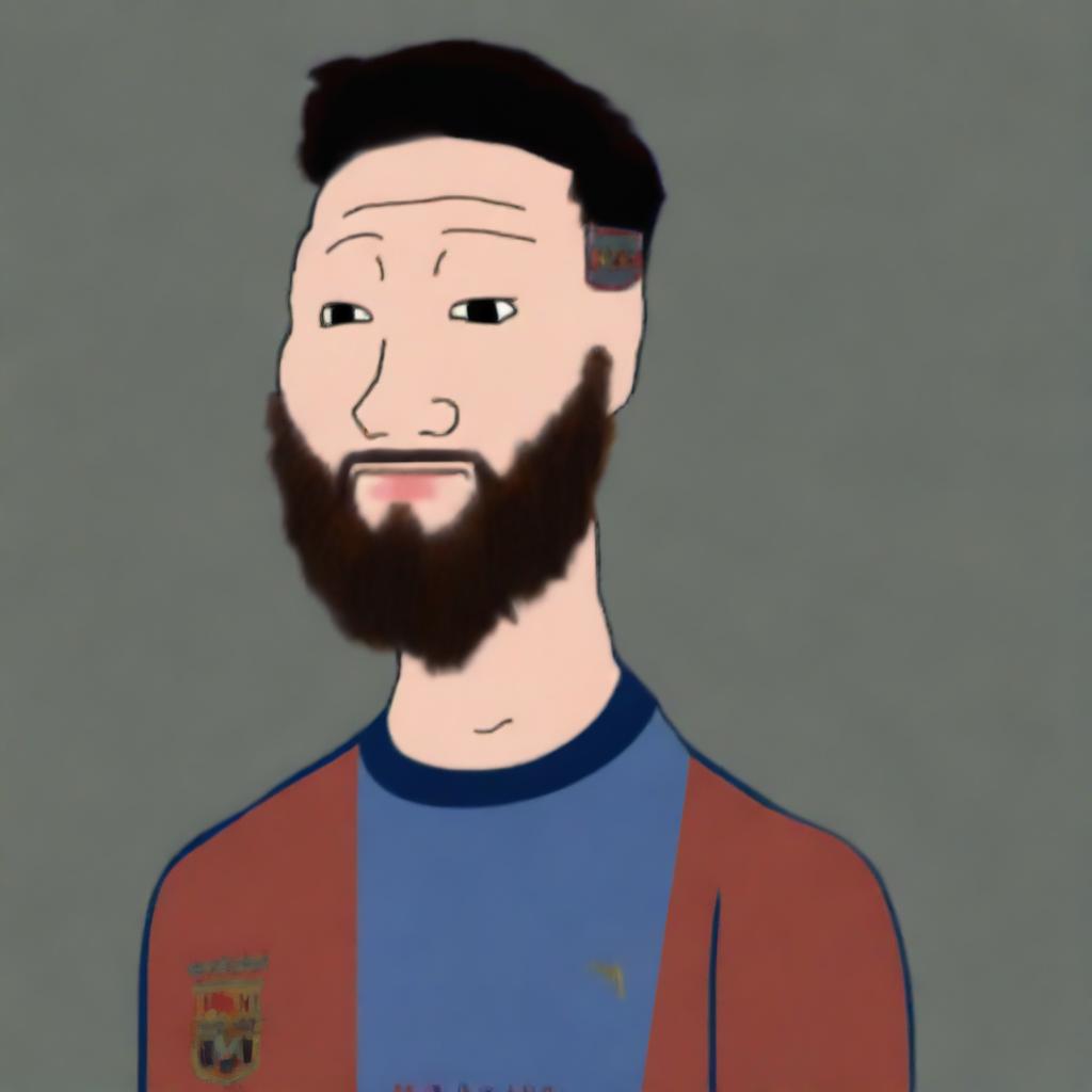 A high-quality digital art of a Wojak character resembling Lionel Messi, featuring his distinctive hairstyle and football jersey, against a simple background