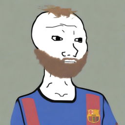 A high-quality digital art of a Wojak character resembling Lionel Messi, featuring his distinctive hairstyle and football jersey, against a simple background