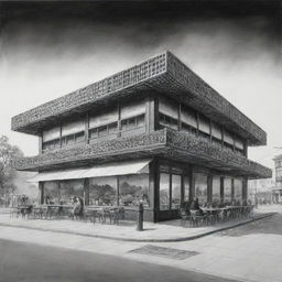 Black and white painting depicting a distant perspective of a 700-square meter rectangular waffle restaurant, illustrating its front view.