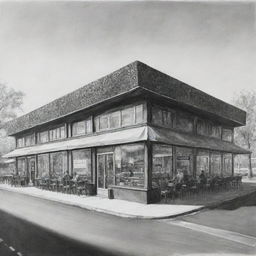 Black and white painting depicting a distant perspective of a 700-square meter rectangular waffle restaurant, illustrating its front view.