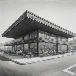 Black and white painting depicting a distant perspective of a 700-square meter rectangular waffle restaurant, illustrating its front view.