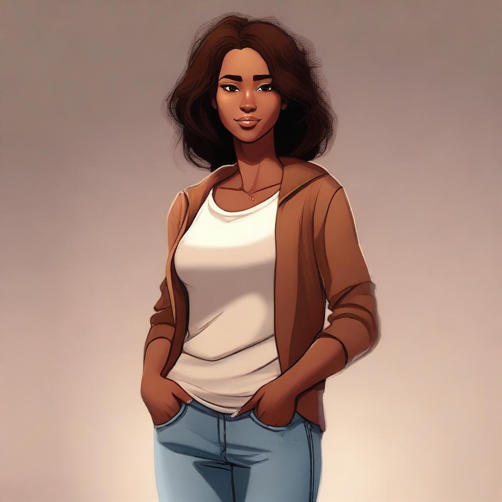 A full-length digital art image of a motherly character with a warm, brown complexion