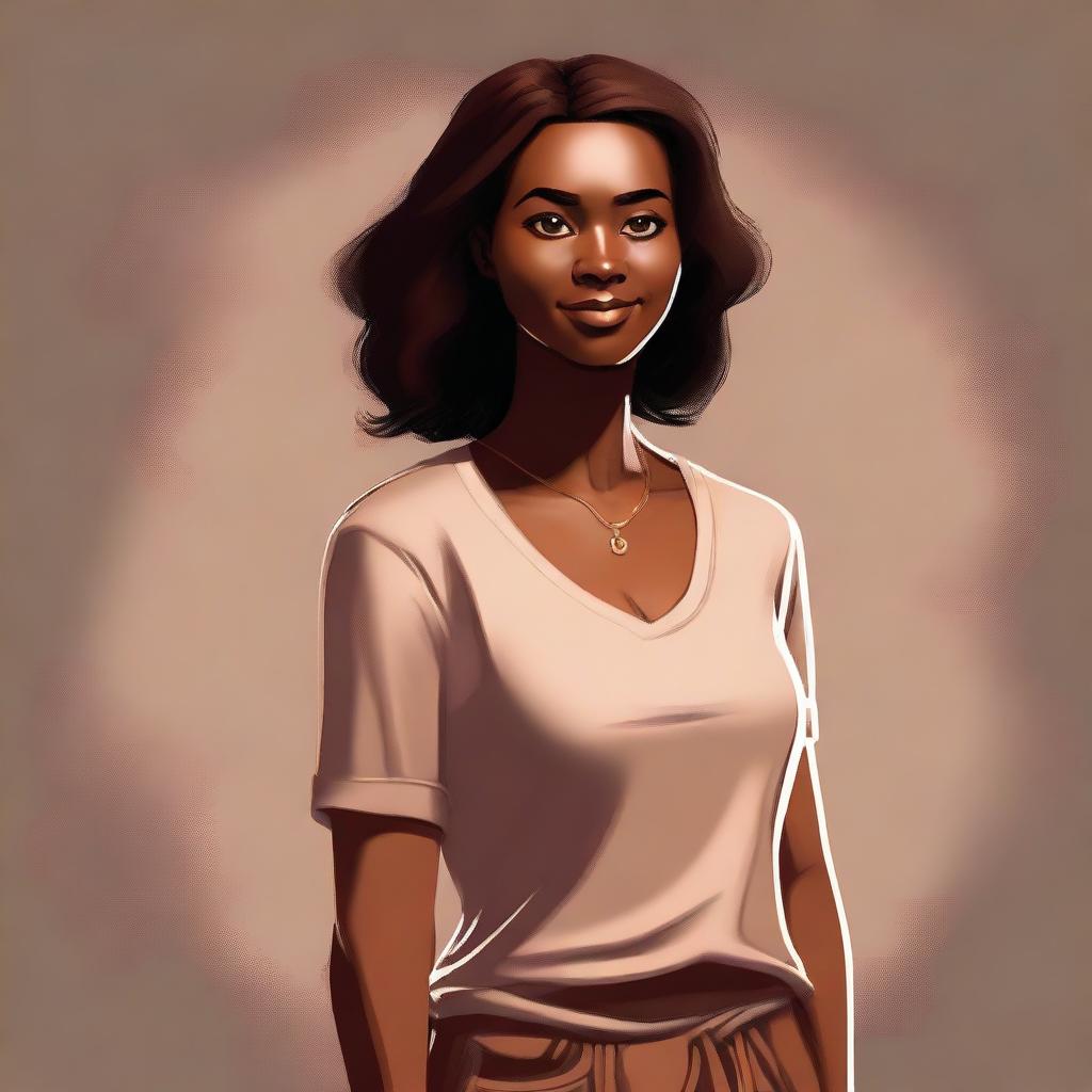 A full-length digital art image of a motherly character with a warm, brown complexion