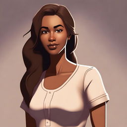 A full-length digital art image of a motherly character with a warm, brown complexion