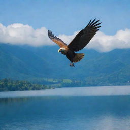 A majestic Garuda bird soaring over the serene Lake Toba under a clear sky.