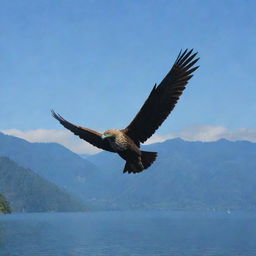 A majestic Garuda bird soaring over the serene Lake Toba under a clear sky.