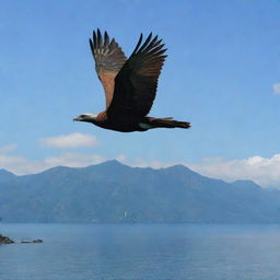 A majestic Garuda bird soaring over the serene Lake Toba under a clear sky.