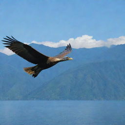 A majestic Garuda bird soaring over the serene Lake Toba under a clear sky.