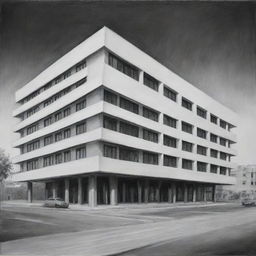 Black and white painting capturing a distant front view of a 900-square meter rectangular hotel, illustrating its external architecture.