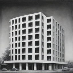 Black and white painting capturing a distant front view of a 900-square meter rectangular hotel, illustrating its external architecture.