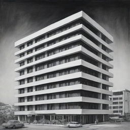 Black and white painting capturing a distant front view of a 900-square meter rectangular hotel, illustrating its external architecture.