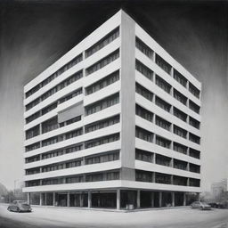 Black and white painting capturing a distant front view of a 900-square meter rectangular hotel, illustrating its external architecture.