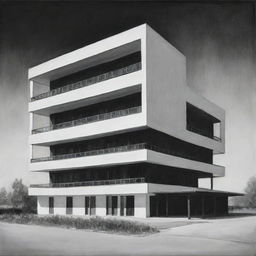 Black and white painting presenting a distant frontal view of a two-story, 900-square meter rectangular hotel, emphasizing its external structure.