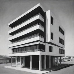 Black and white painting presenting a distant frontal view of a two-story, 900-square meter rectangular hotel, emphasizing its external structure.