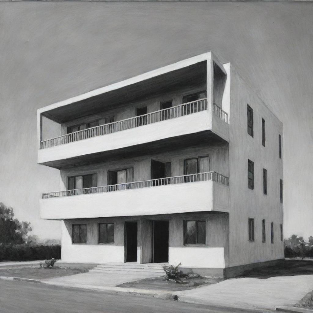 Black and white painting presenting a distant frontal view of a two-story, 900-square meter rectangular hotel, emphasizing its external structure.