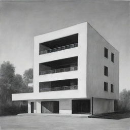 Black and white painting presenting a distant frontal view of a two-story, 900-square meter rectangular hotel, emphasizing its external structure.