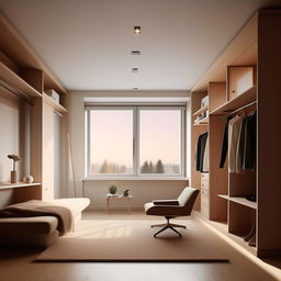 Create a minimalist and cozy square room, 250cm by 295cm, featuring a window centered on the front wall, a closet area to the right, a desk setup, and a relaxing sofa or chair to the left.