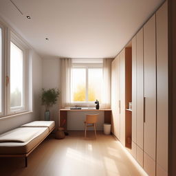 Create a minimalist and cozy square room, 250cm by 295cm, featuring a window centered on the front wall, a closet area to the right, a desk setup, and a relaxing sofa or chair to the left.