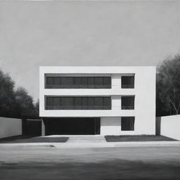 Black and white painting of a simple, two-story, 900-square meter rectangular hotel seen from a distant front angle, highlighting its minimalist architecture.