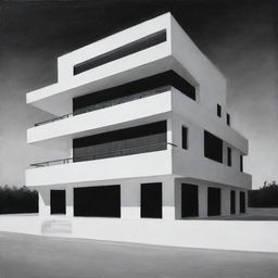 Black and white painting of a simple, two-story, 900-square meter rectangular hotel seen from a distant front angle, highlighting its minimalist architecture.