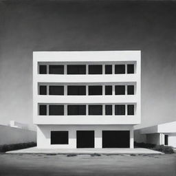 Black and white painting of a simple, two-story, 900-square meter rectangular hotel seen from a distant front angle, highlighting its minimalist architecture.