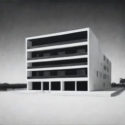 Black and white painting of a simple, two-story, 900-square meter rectangular hotel seen from a distant front angle, highlighting its minimalist architecture.