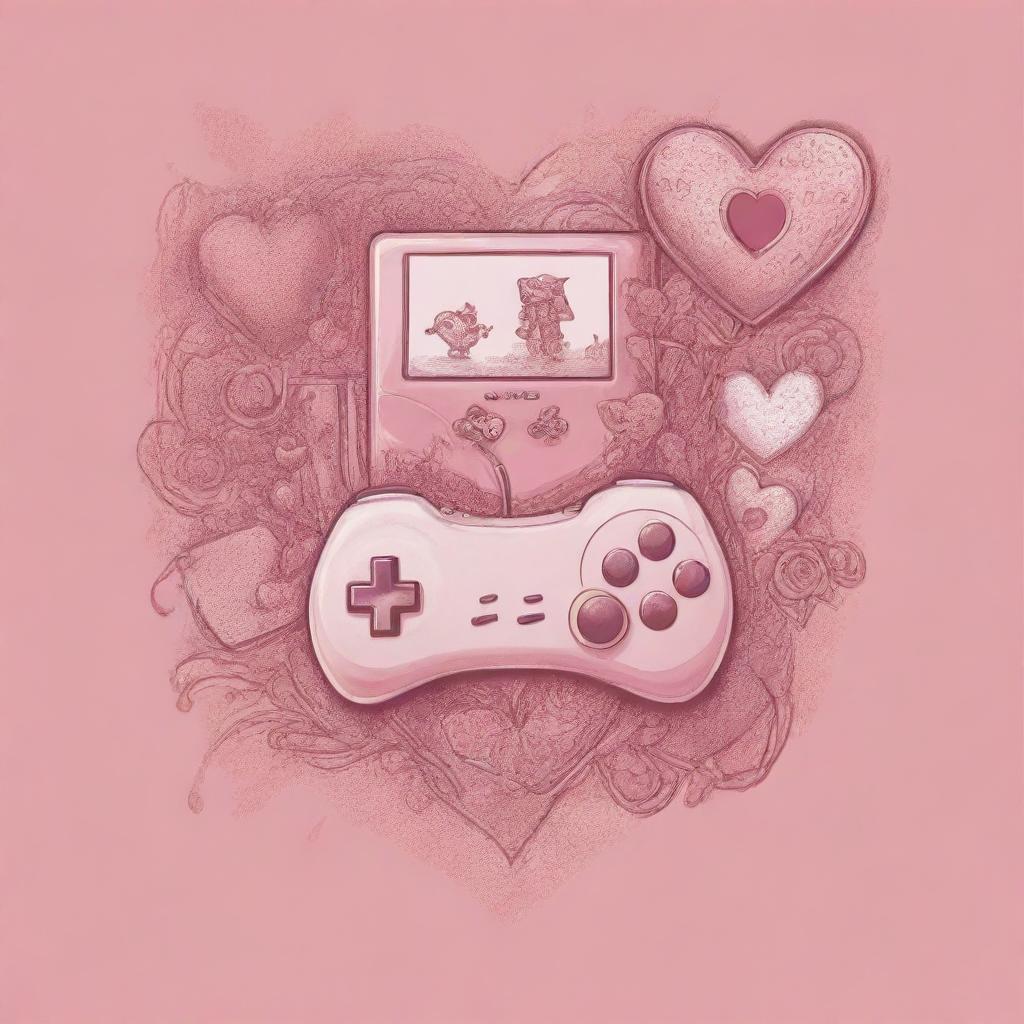 T-shirt design combining elements of video games and Valentine's Day using line drawing and vector illustration techniques