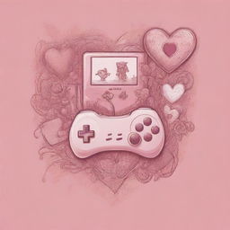 T-shirt design combining elements of video games and Valentine's Day using line drawing and vector illustration techniques