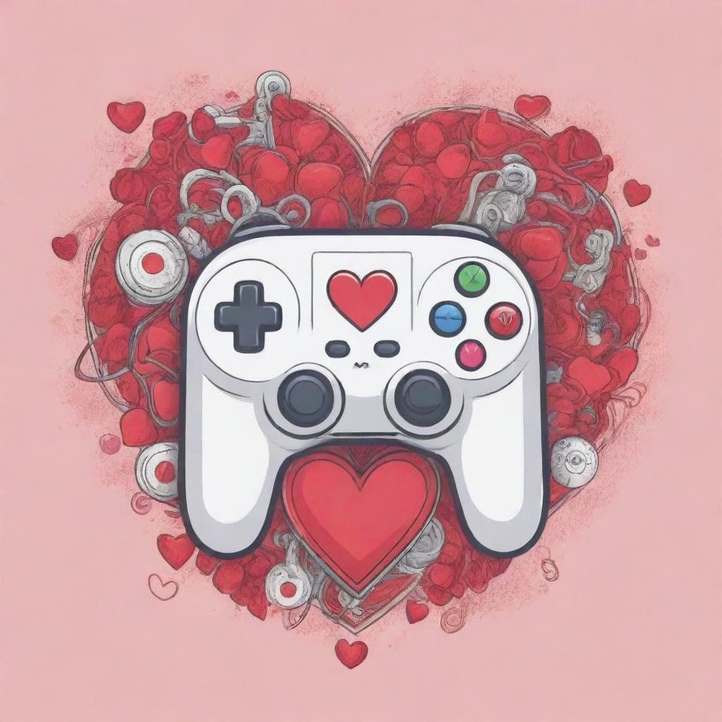 T-shirt design combining elements of video games and Valentine's Day using line drawing and vector illustration techniques