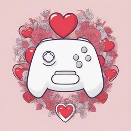 T-shirt design combining elements of video games and Valentine's Day using line drawing and vector illustration techniques