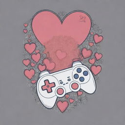 T-shirt design combining elements of video games and Valentine's Day using line drawing and vector illustration techniques