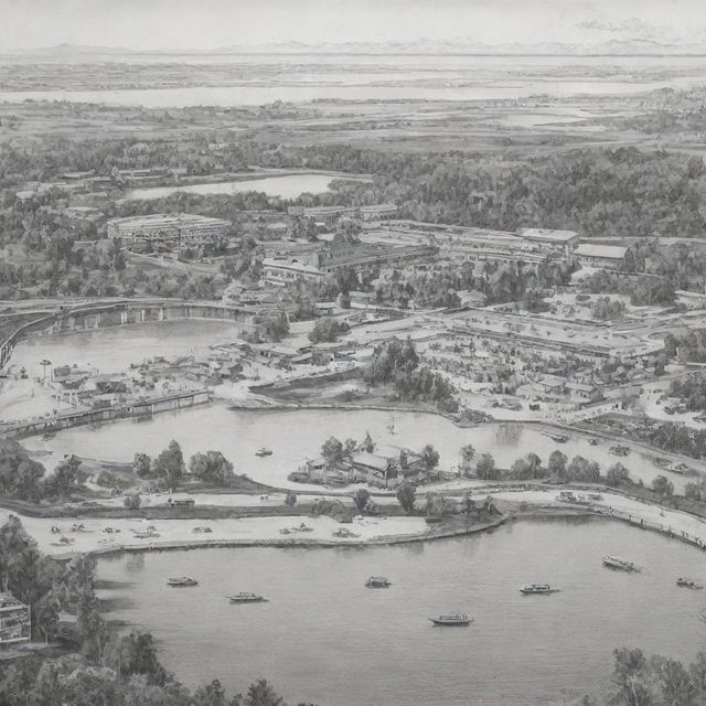 A black and white painting depicting a diverse site featuring a hotel, restaurant, gas station, amusement park, green space, horseback riding area, and artificial lake.