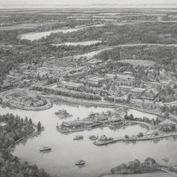 A black and white painting depicting a diverse site featuring a hotel, restaurant, gas station, amusement park, green space, horseback riding area, and artificial lake.