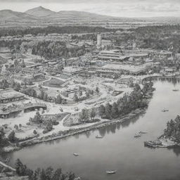 A black and white painting depicting a diverse site featuring a hotel, restaurant, gas station, amusement park, green space, horseback riding area, and artificial lake.