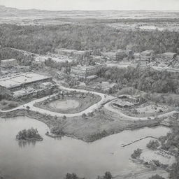 A black and white painting depicting a diverse site featuring a hotel, restaurant, gas station, amusement park, green space, horseback riding area, and artificial lake.