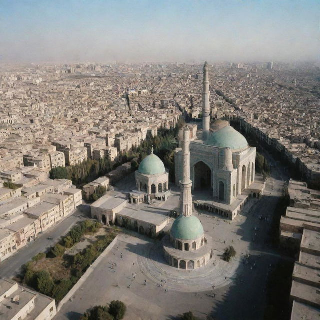 Historical image of Iran post-revolution, featuring distinctive architectural landmarks, cultural symbols, and urban fabric.