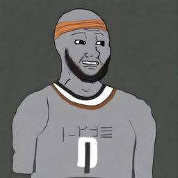 A high-quality digital art of a Wojak character resembling LeBron James, complete with his signature headband and basketball jersey, set against a plain background