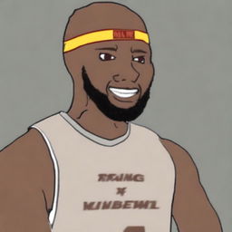 A high-quality digital art of a Wojak character resembling LeBron James, complete with his signature headband and basketball jersey, set against a plain background