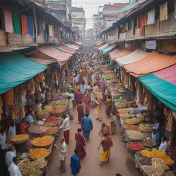 A bustling Indian market scene with various shops and vibrant colors