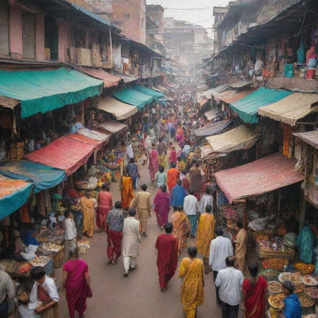 A bustling Indian market scene with various shops and vibrant colors