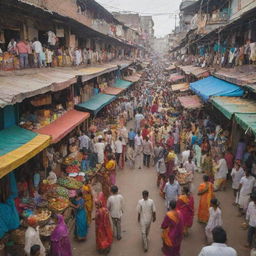 A bustling Indian market scene with various shops and vibrant colors