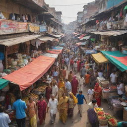 A bustling Indian market scene with various shops and vibrant colors