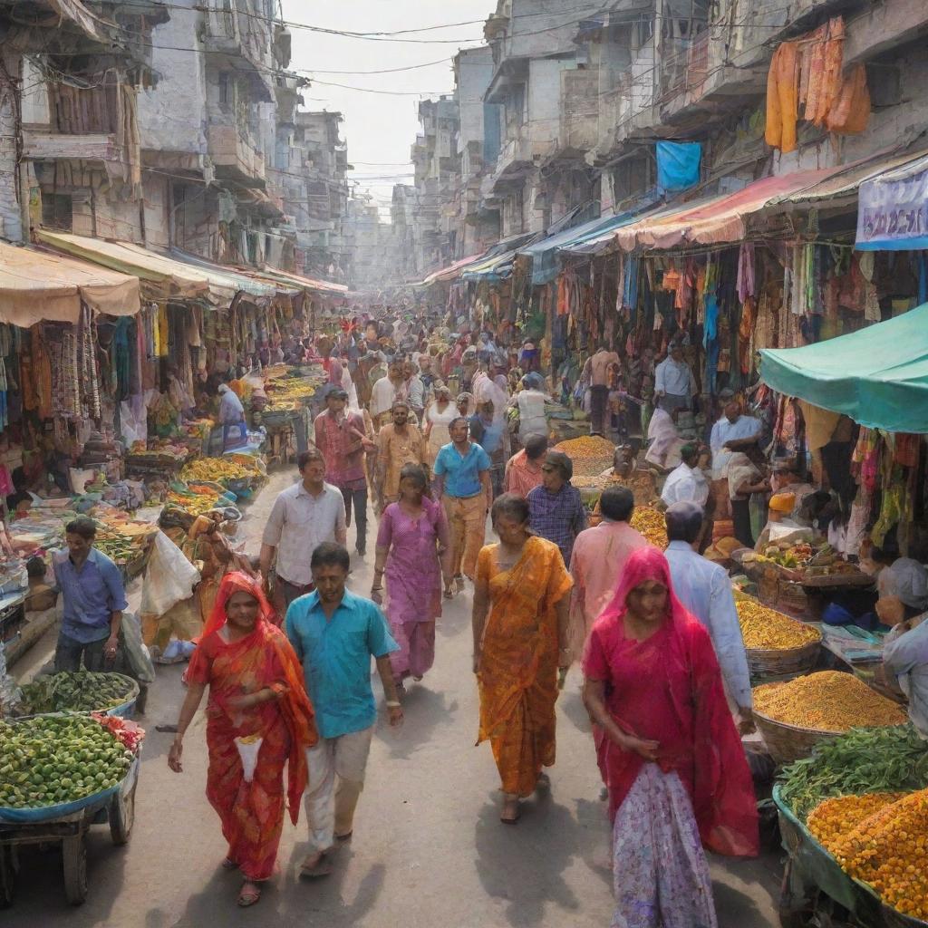 A lively, colorful street scene from a traditional Indian market