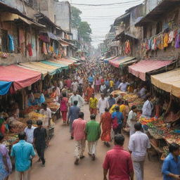 A lively, colorful street scene from a traditional Indian market