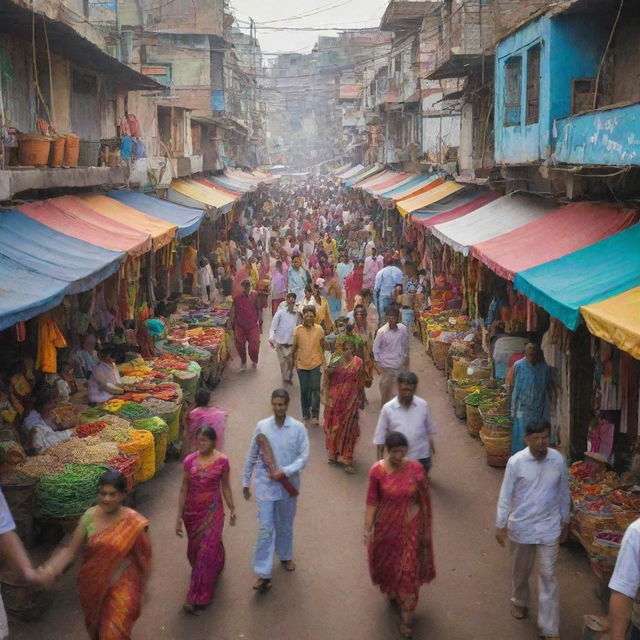 A lively, colorful street scene from a traditional Indian market