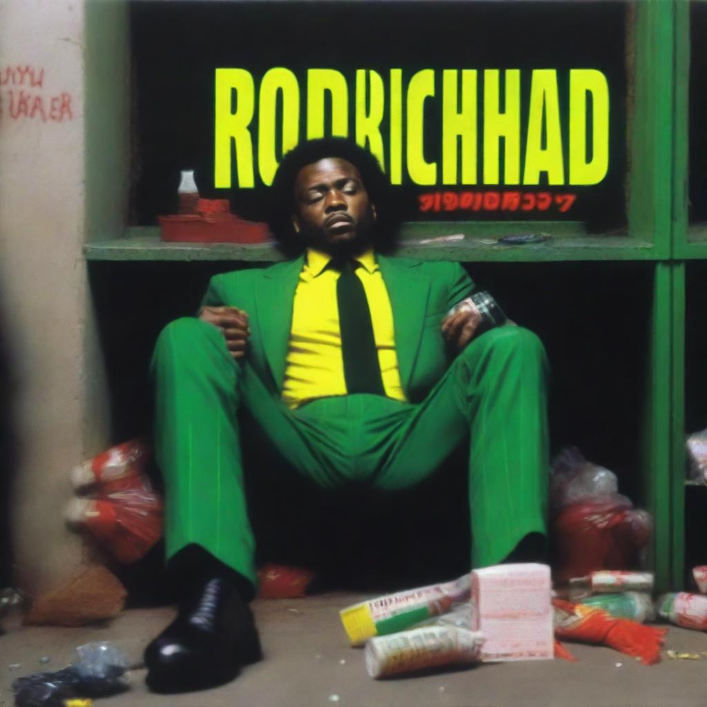 A realistic movie poster for a film titled "RodriCHAD", featuring a vagabond sleeping amidst street trash, with a football court in the background