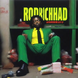 A realistic movie poster for a film titled "RodriCHAD", featuring a vagabond sleeping amidst street trash, with a football court in the background